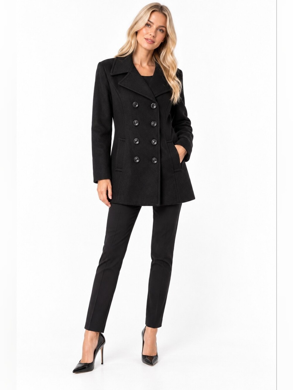 Jones New York Size 12 Wool Blend Black Double-Breasted Peacoat